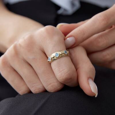 Altın Aqua Taşlı Geometrik Luna Yüzük - 4