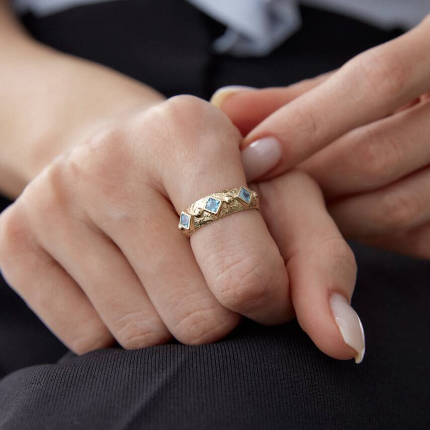 Altın Aqua Taşlı Geometrik Luna Yüzük - 4