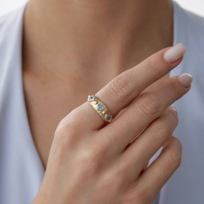 Altın Aqua Taşlı Geometrik Luna Yüzük - Semih Haşhaş Kuyumculuk