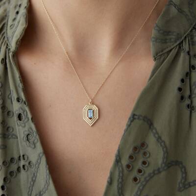 Altın Aqua Taşlı Rozet Şövalye Kolye - 1