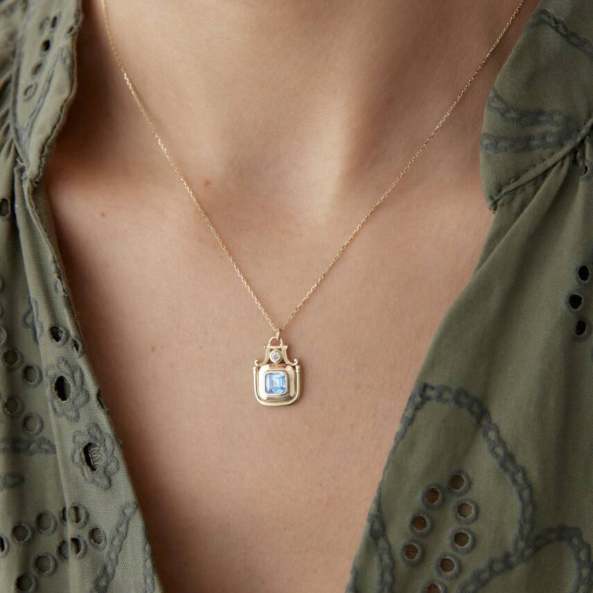 Altın Aqua Taşlı Taç Kolye - 1