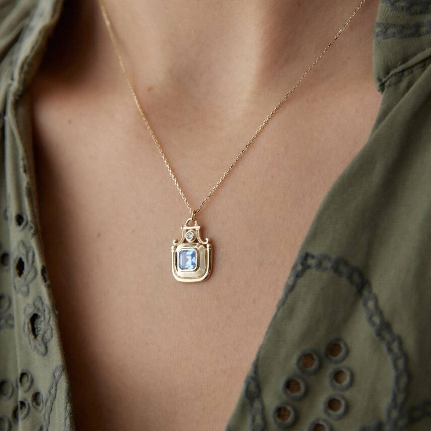 Altın Aqua Taşlı Taç Kolye - 2