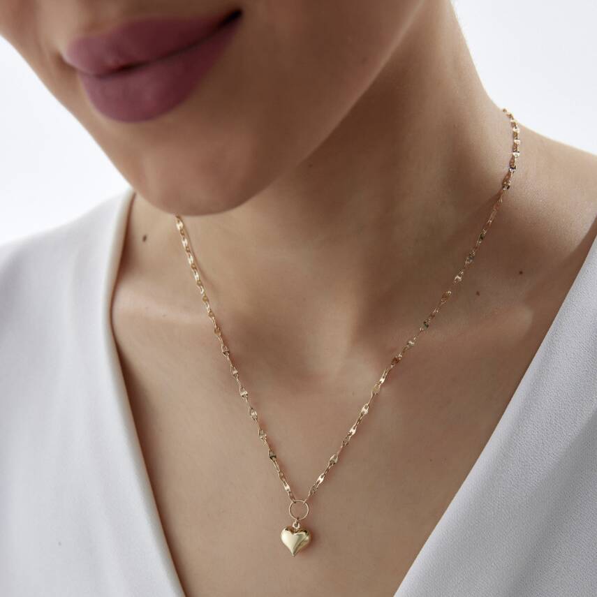 Altın Aynalı Zincirli Bombeli Kalp Kolye - 1