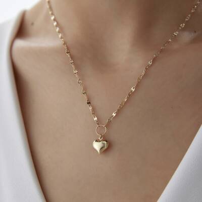 Altın Aynalı Zincirli Bombeli Kalp Kolye - 2