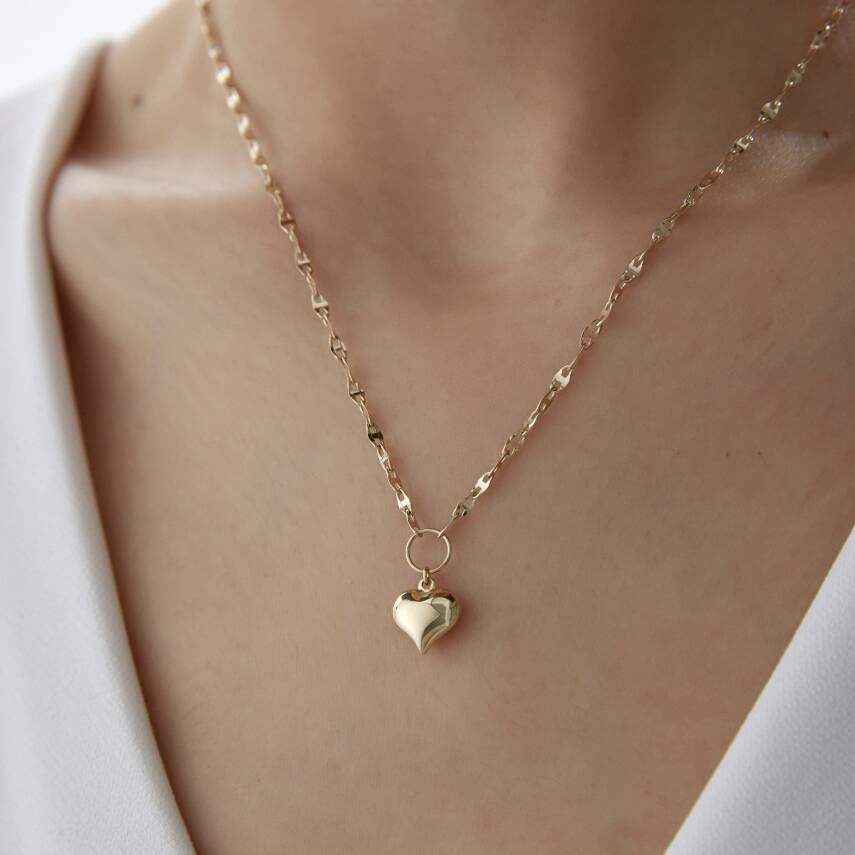 Altın Aynalı Zincirli Bombeli Kalp Kolye - 2