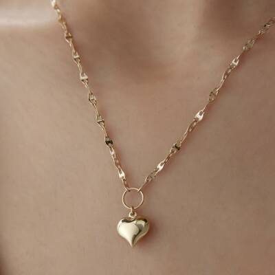 Altın Aynalı Zincirli Bombeli Kalp Kolye - 3