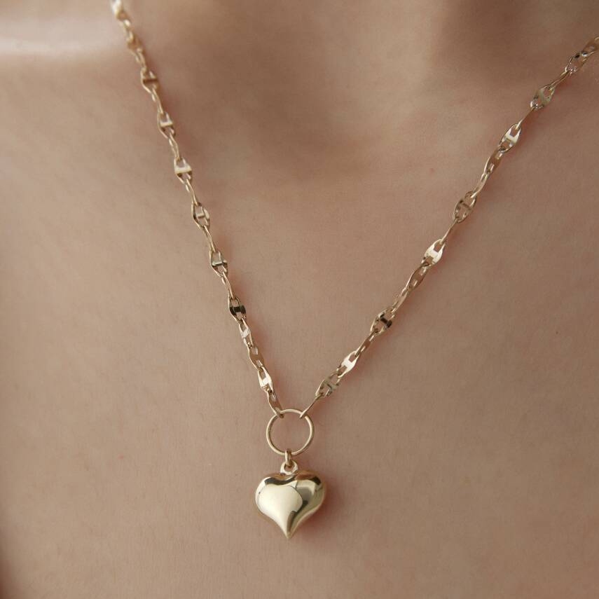 Altın Aynalı Zincirli Bombeli Kalp Kolye - 3