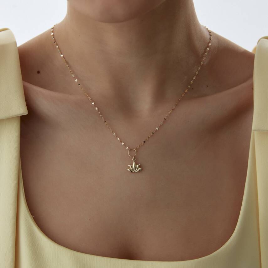 Altın Aynalı Zincirli Bombeli Lotus Kolye - 3