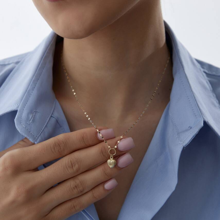 Altın Aynalı Zincirli Desenli Kalp Kolye - Semih Haşhaş Kuyumculuk