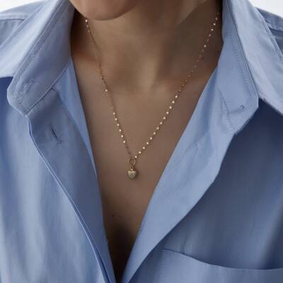 Altın Aynalı Zincirli Desenli Kalp Kolye - 2