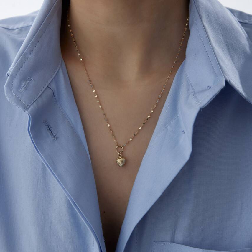 Altın Aynalı Zincirli Desenli Kalp Kolye - 3