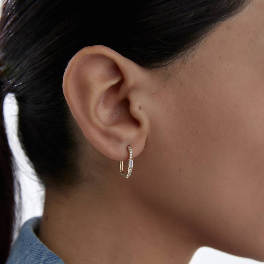 Altın Baget Taşlı Dikdörtgen Küpe - Semih Haşhaş Kuyumculuk (1)