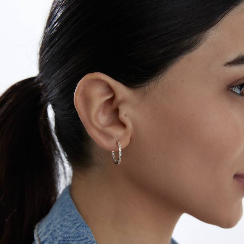 Altın Baget Taşlı Halka Küpe - 1