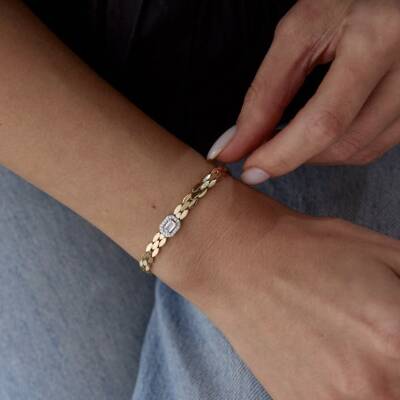 Altın Baget Taşlı Yılan Derisi Bileklik - 3