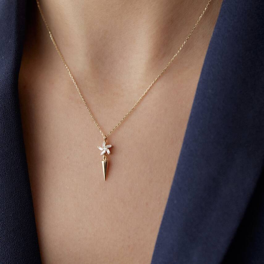 Altın Baget Taşlı Sallantılı Yıldız Kolye - 2