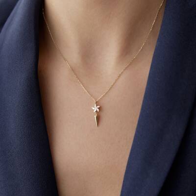 Altın Baget Taşlı Sallantılı Yıldız Kolye - 1