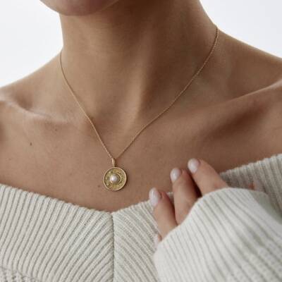 Altın Beyaz İnci Luna Güneş Kolye - 2