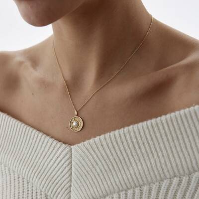 Altın Beyaz İnci Luna Güneş Kolye - 3