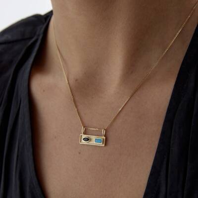 Altın Firuze Taşlı Luna Vintage Kolye 