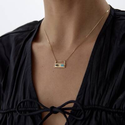 Altın Firuze Taşlı Luna Vintage Kolye - 2