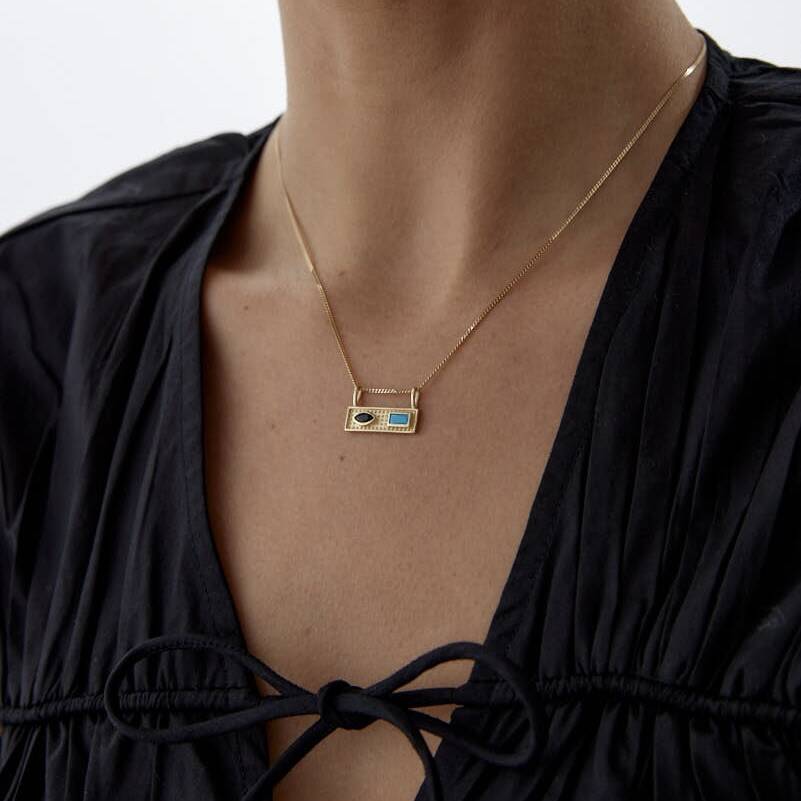 Altın Firuze Taşlı Luna Vintage Kolye - 2