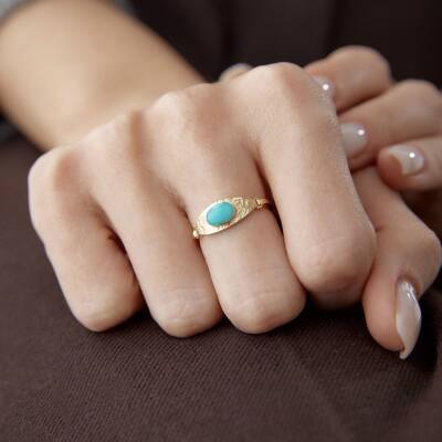 Altın Firuze Taşlı Vintage Göz Yüzük - 2