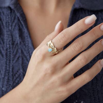 Altın Firuze Taşlı Vintage Yüzük - 1