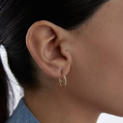 Altın İki Sıralı Boncuk Detaylı Halka Küpe - 1