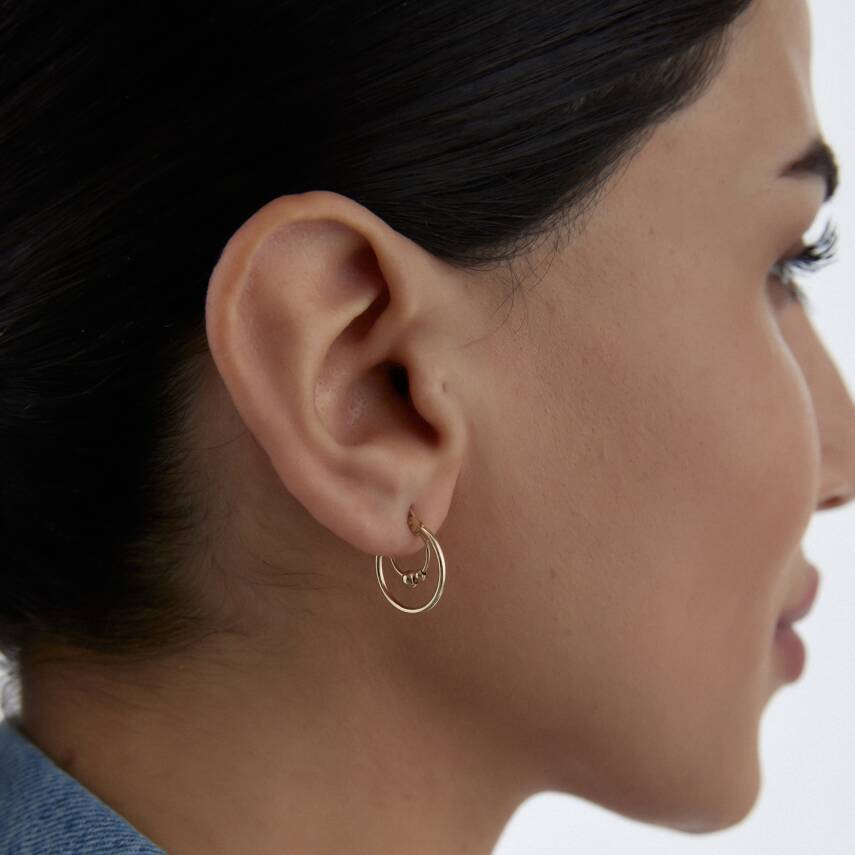 Altın İki Sıralı Boncuk Detaylı Halka Küpe - 2