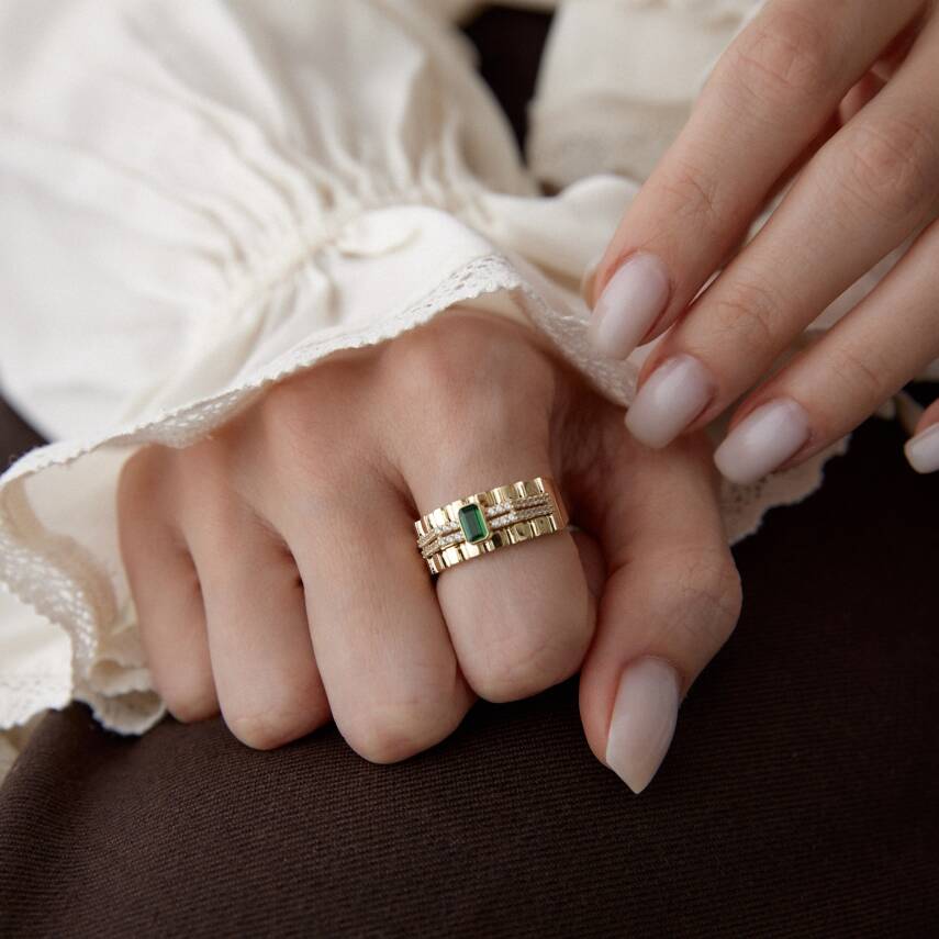 Altın Yeşil İtalyan Baget Taşlı Vintage Yüzük - 2