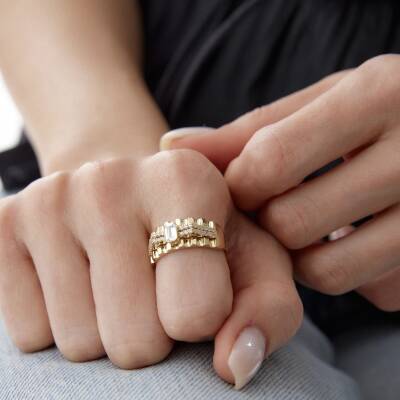 Altın İtalyan Baget Taşlı Vintage Yüzük - 1