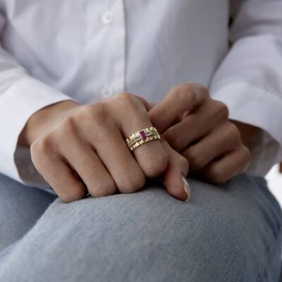 Altın İtalyan Pembe Baget Taşlı Vintage Yüzük 