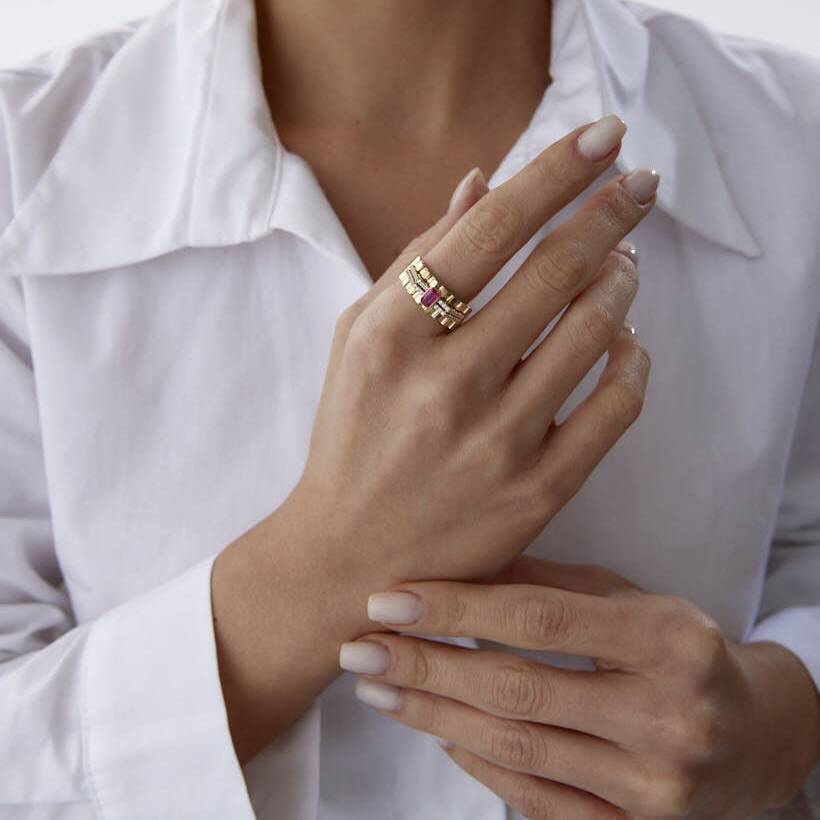 Altın İtalyan Pembe Baget Taşlı Vintage Yüzük - Semih Haşhaş Kuyumculuk (1)