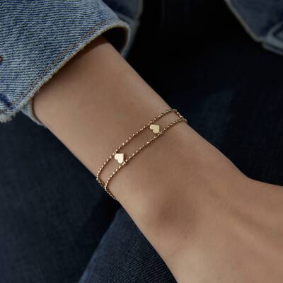 Altın Kalpli İkili Top Zincir Bileklik - 2