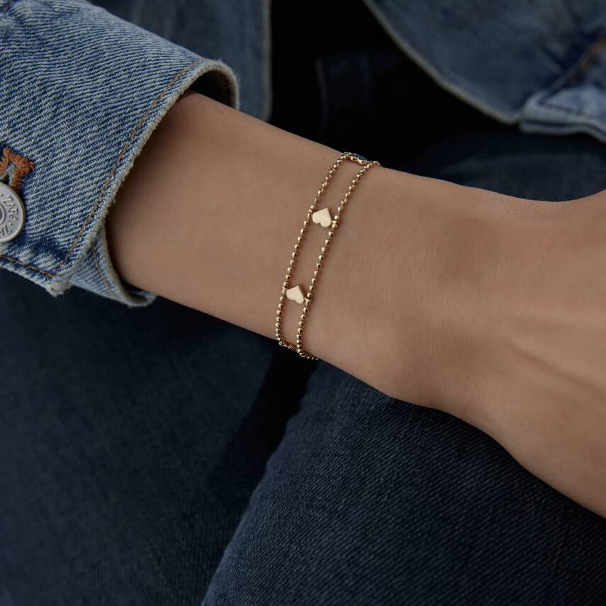 Altın Kalpli İkili Top Zincir Bileklik - 3