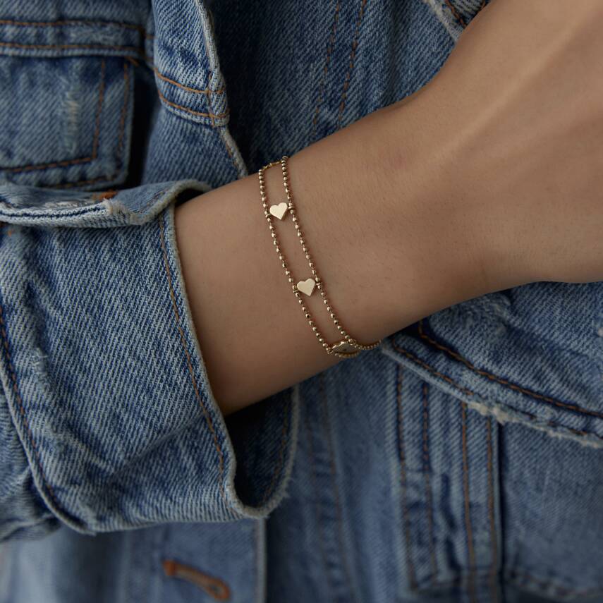 Altın Kalpli İkili Top Zincir Bileklik - 1