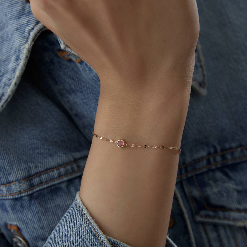 Altın Kırmızı Taşlı Yuvarlak Minimal Bileklik - Semih Haşhaş Kuyumculuk