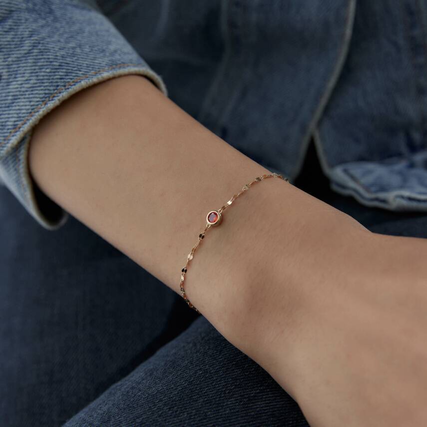 Altın Kırmızı Taşlı Yuvarlak Minimal Bileklik - Semih Haşhaş Kuyumculuk (1)