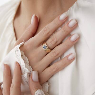 Altın Beş Sıralı Lacivert Taşlı Yüzük - 2