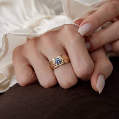 Altın Beş Sıralı Lacivert Taşlı Yüzük - 3