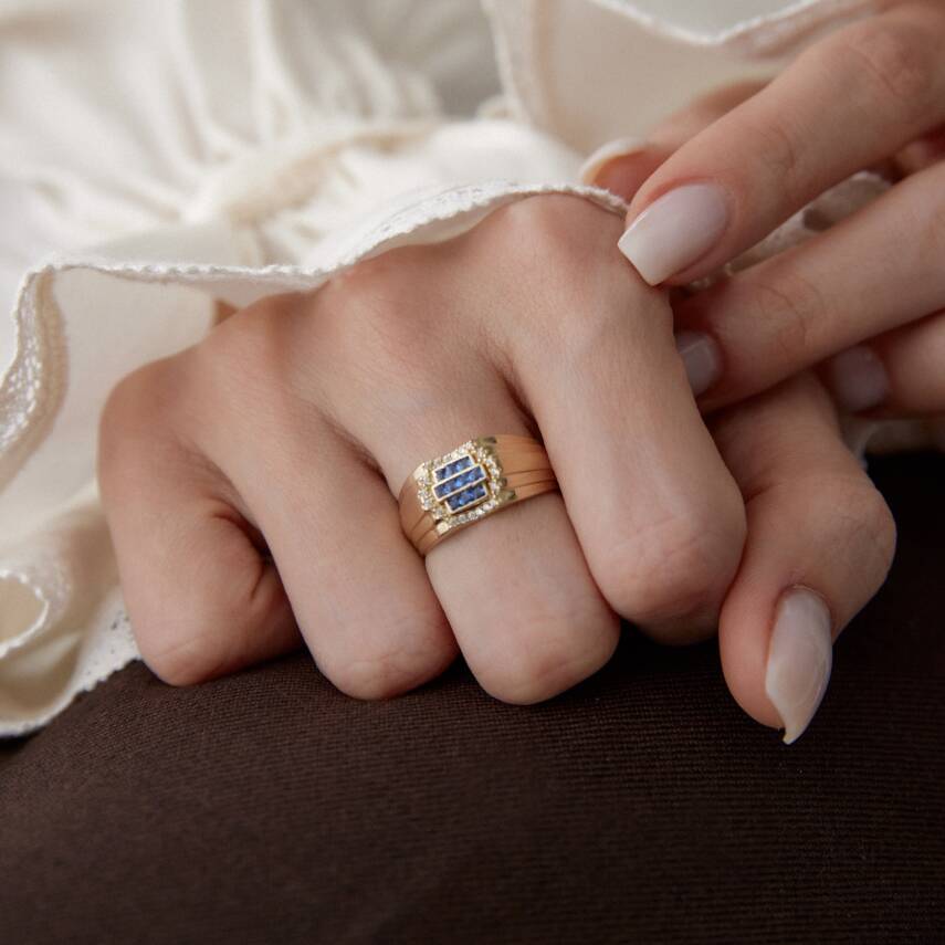 Altın Beş Sıralı Lacivert Taşlı Yüzük - 3