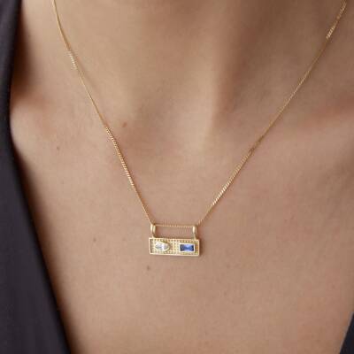 Altın Lacivert Taşlı Luna Vintage Kolye 