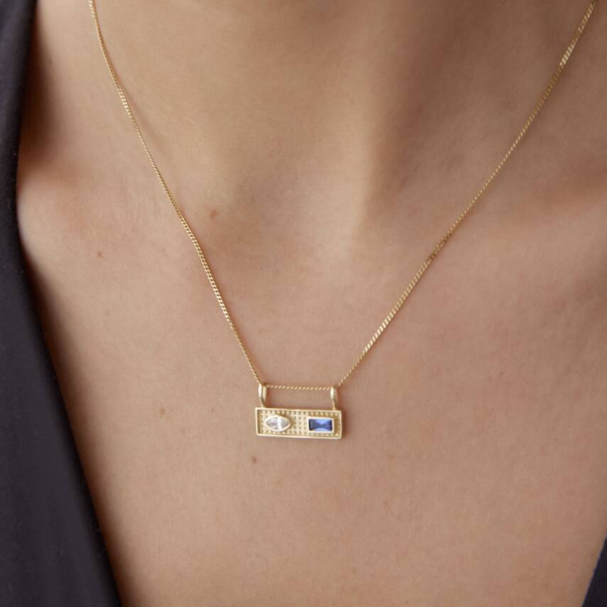 Altın Lacivert Taşlı Luna Vintage Kolye - Semih Haşhaş Kuyumculuk