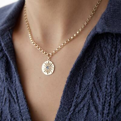 Altın Lacivert Taşlı Madalyon Halka Zincir Kolye - 1