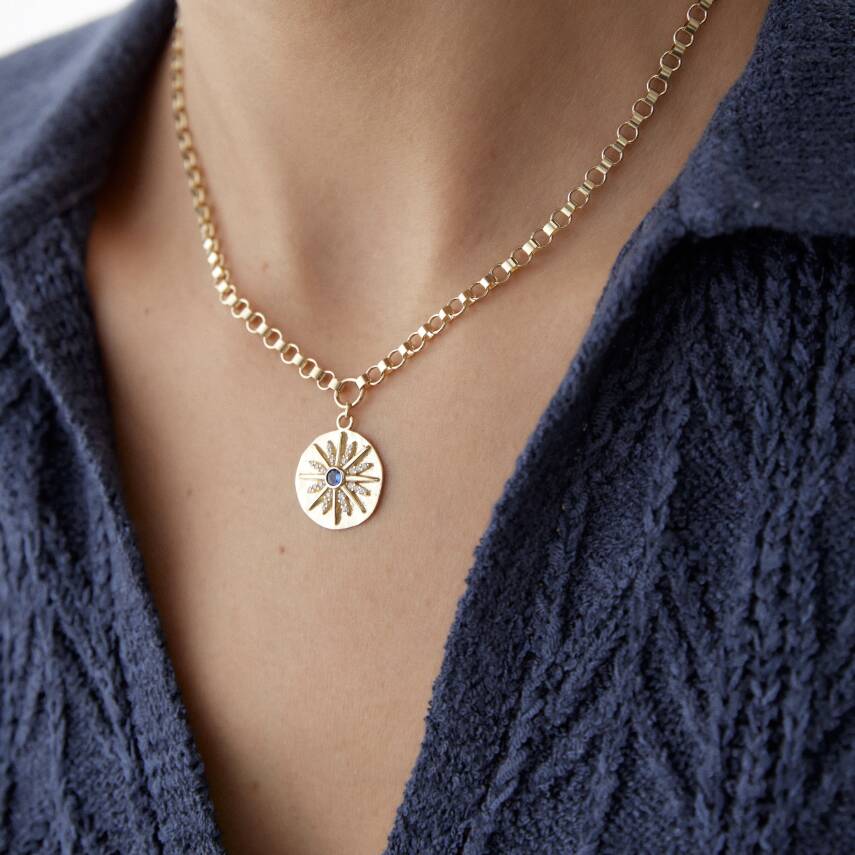 Altın Lacivert Taşlı Madalyon Halka Zincir Kolye - 1