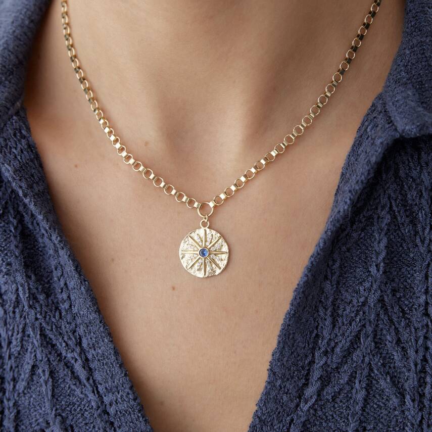 Altın Lacivert Taşlı Madalyon Halka Zincir Kolye - 2