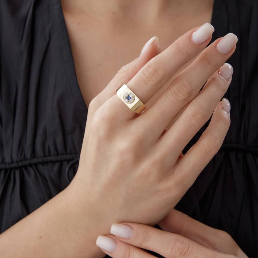 Altın Mavi Baget Taşlı Şövalye Yüzük - Semih Haşhaş Kuyumculuk