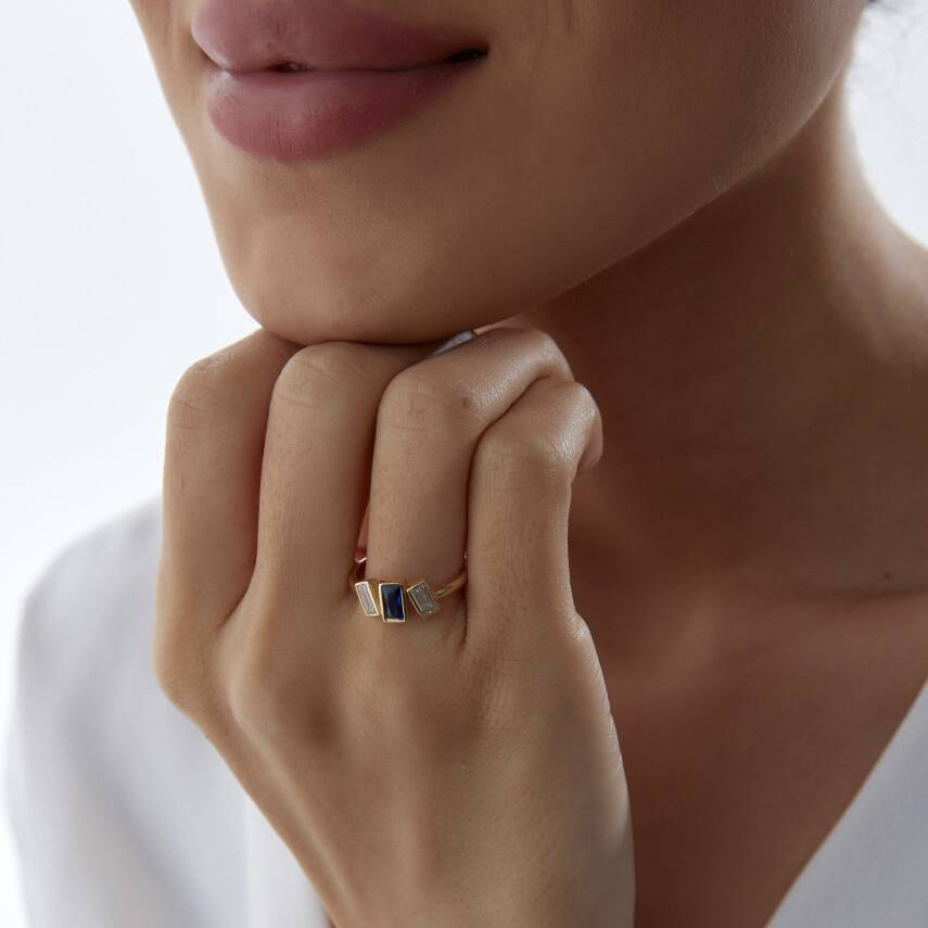 Altın Mavi & Beyaz Baget Taşlı Vintage Yüzük - Semih Haşhaş Kuyumculuk (1)