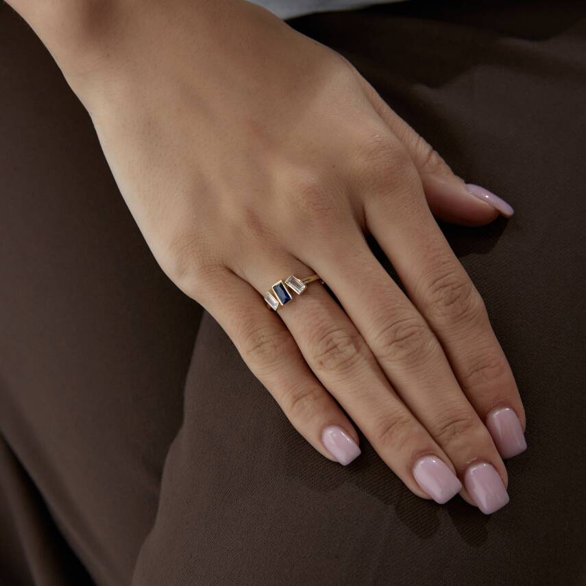 Altın Mavi & Beyaz Baget Taşlı Vintage Yüzük - 3