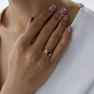 Altın Mavi & Beyaz Baget Taşlı Vintage Yüzük - 1